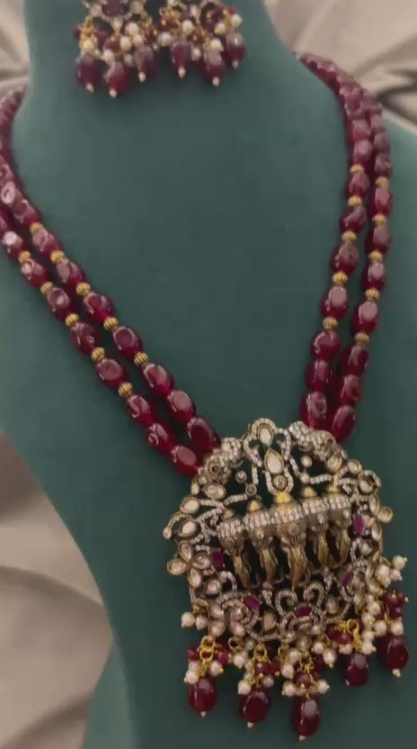 Ruby Beads Heritage Necklace Set with Temple Design – Traditional Bridal Jewellery